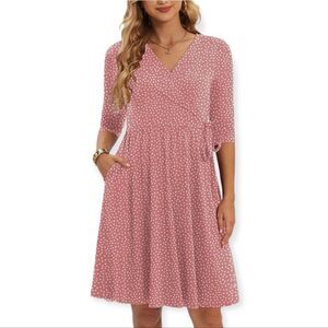 NWT CHARMYI Pink Dot Faux Wrap 3/4 Sleeve V-Neck Skater Dress